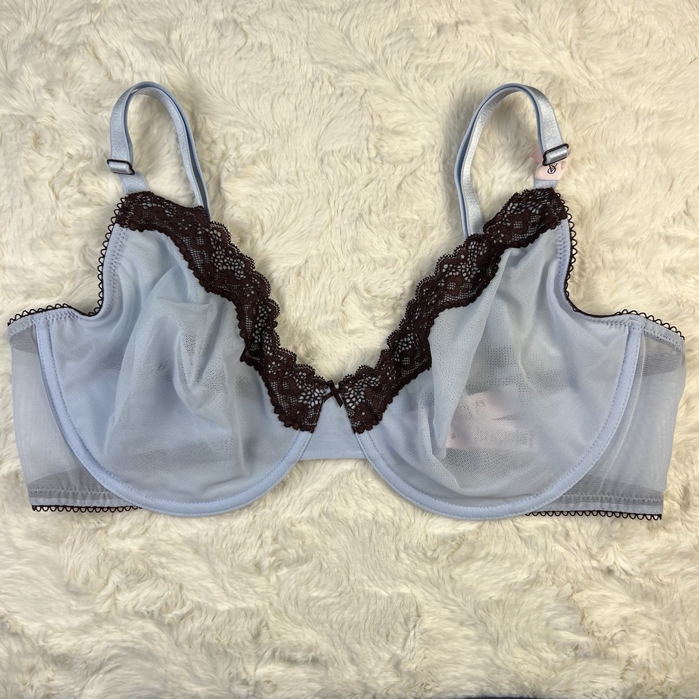 Victoria's Secret Tease Unlined Demi Bra Blue Sheer Mesh Brown Lace S.38DD NWT